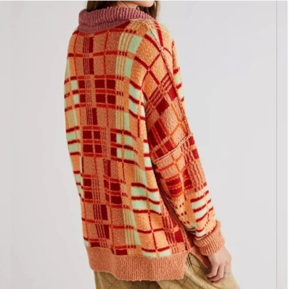 Free People Ruben Autumn Sunset Combo Plaid Oversized Sweater size M - Picture 3 of 9